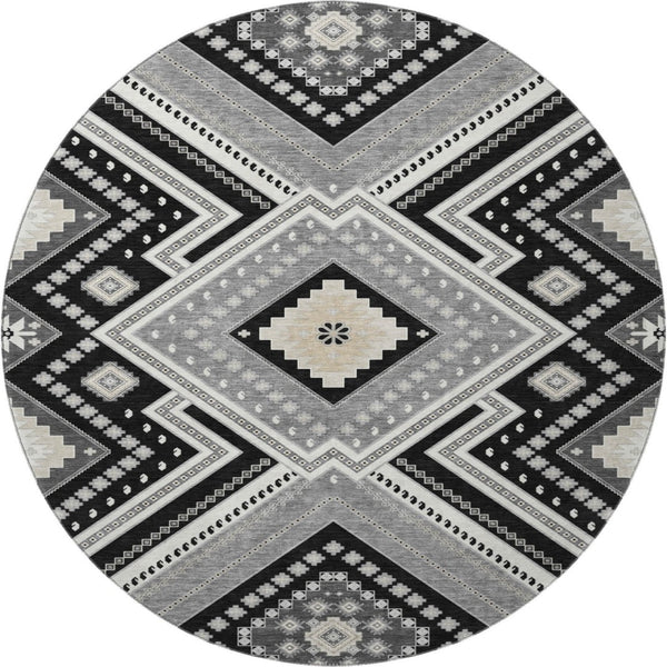 HomeRoots 8' Stylish Black Gray Silver Tribal Washable Round Rug with UV Protection for Modern Homes 679255