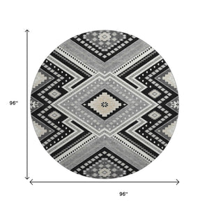 HomeRoots 8' Stylish Black Gray Silver Tribal Washable Round Rug with UV Protection for Modern Homes 679255