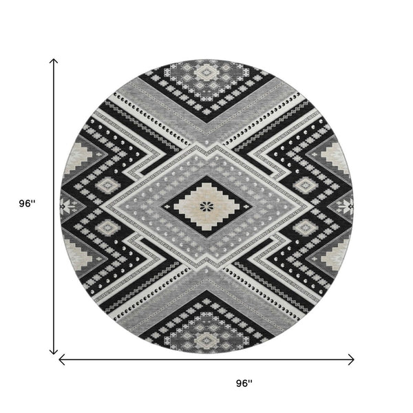 HomeRoots 8' Stylish Black Gray Silver Tribal Washable Round Rug with UV Protection for Modern Homes 679255