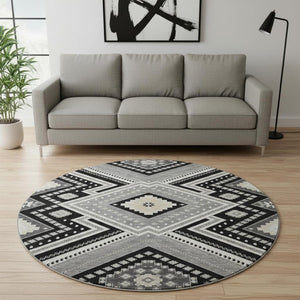 HomeRoots 8' Stylish Black Gray Silver Tribal Washable Round Rug with UV Protection for Modern Homes 679255