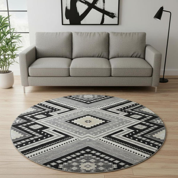 HomeRoots 8' Stylish Black Gray Silver Tribal Washable Round Rug with UV Protection for Modern Homes 679255