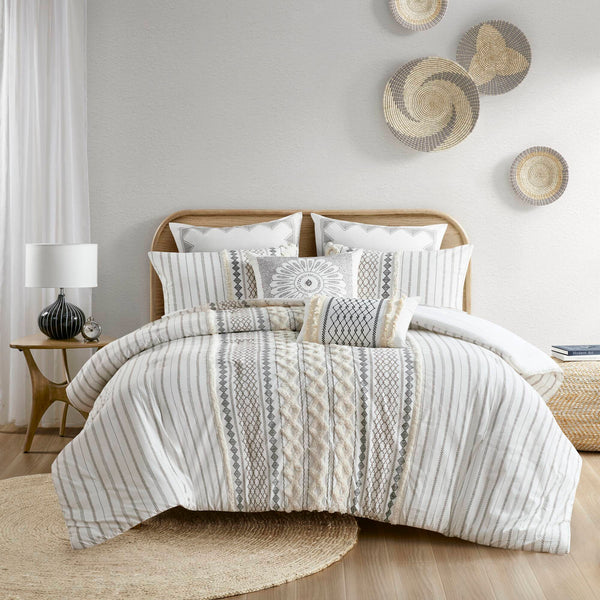 English Elm Cotton Imani Comforter Mini Set with Tufted Chenille Geometric Print, OEKO-TEX Soft King Bedding Ivory 21.65 L x 22.83 W x 9.45 H B035128795
