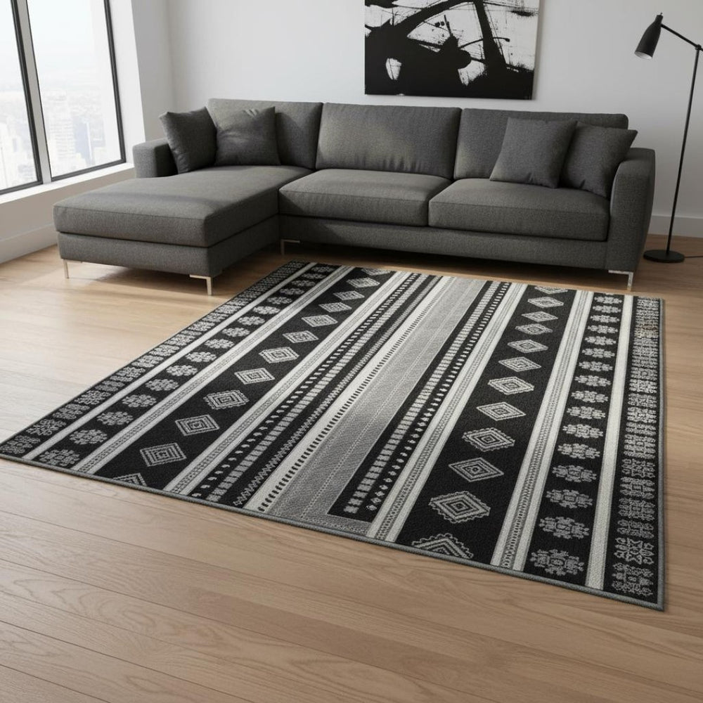 HomeRoots 8' X 10' Tribal-Inspired Washable Area Rug in Black, Gray & Silver with UV Protection for Durability 679256