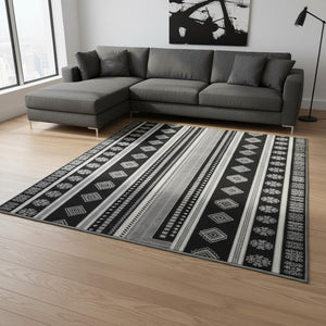 HomeRoots 8' X 10' Tribal-Inspired Washable Area Rug in Black, Gray & Silver with UV Protection for Durability 679256