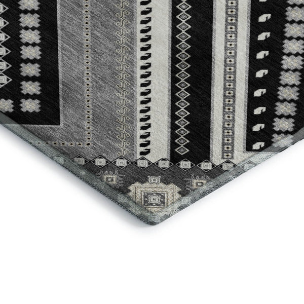 HomeRoots 8' X 10' Tribal-Inspired Washable Area Rug in Black, Gray & Silver with UV Protection for Durability 679256