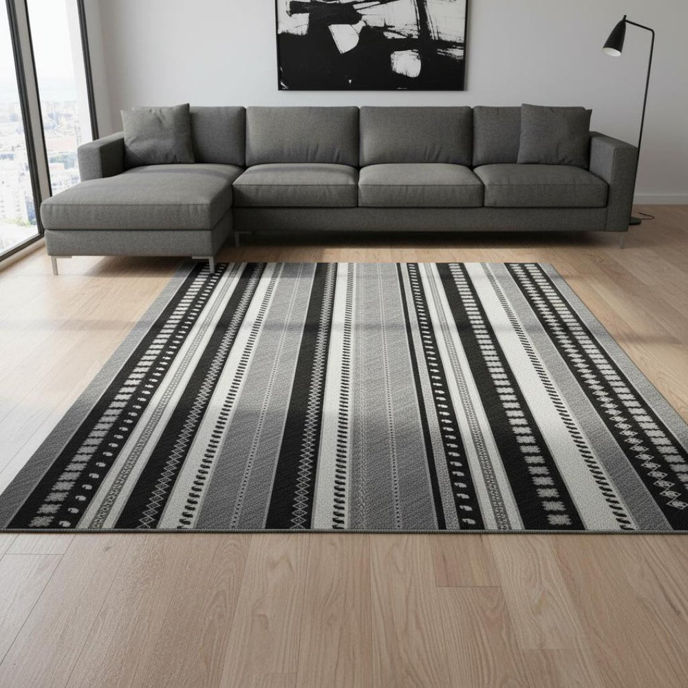 HomeRoots 9' X 12' Washable Tribal Area Rug in Black, Gray & Silver - UV Protected, Easy Care, Durable Design 679257
