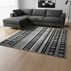 HomeRoots 10' Tribal Washable Area Rug in Black, Gray & Silver - UV Protected, Stain-Resistant, Durable Design! 679258