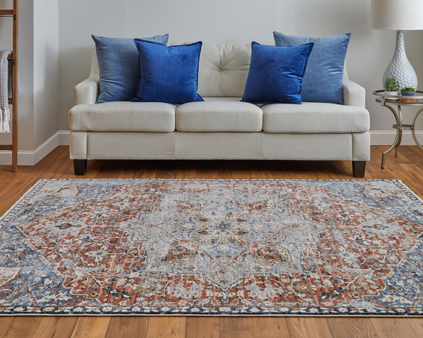 Feizy Rugs Kaia Luxurious Low Pile Area Rug – Soft, Durable Polypropylene Blend With Transitional Medallion Design Orange,Ivory,Blue Polypropylene,Viscose,Polyester Kai39hxfredblui10