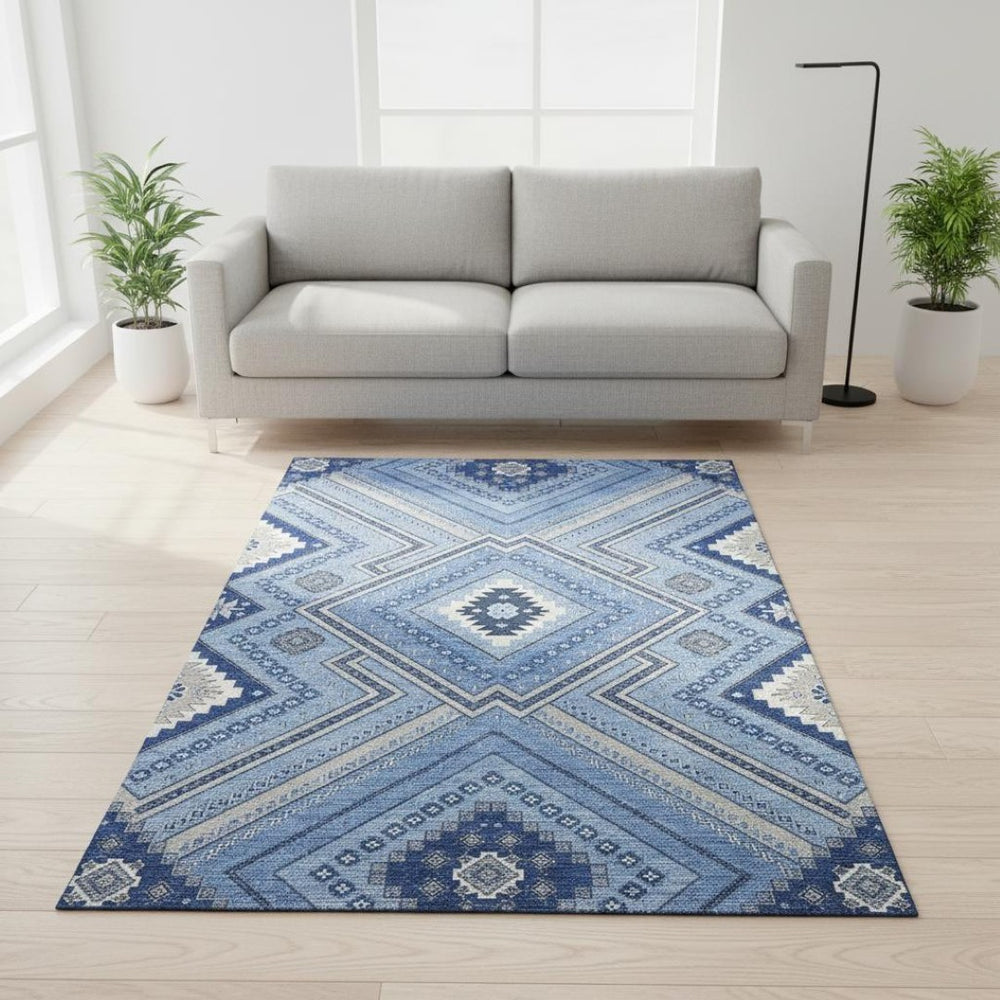 HomeRoots 5' X 8' Blue Ivory Gray Tribal Area Rug – Washable, UV Protected, Durable Design for Everyday Living 679260