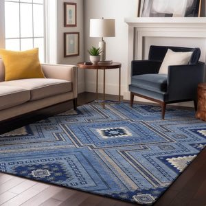 HomeRoots 5' X 8' Blue Ivory Gray Tribal Area Rug – Washable, UV Protected, Durable Design for Everyday Living 679260