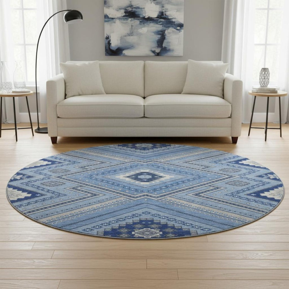 HomeRoots 8' Blue Ivory and Gray Tribal Round Rug - Washable, UV Protected, Perfect for Family Spaces & Patios 679261