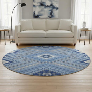 HomeRoots 8' Blue Ivory and Gray Tribal Round Rug - Washable, UV Protected, Perfect for Family Spaces & Patios 679261