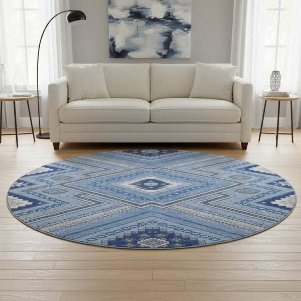 HomeRoots 8' Blue Ivory and Gray Tribal Round Rug - Washable, UV Protected, Perfect for Family Spaces & Patios 679261