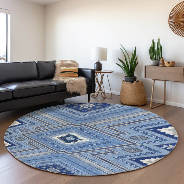 HomeRoots 8' Blue Ivory and Gray Tribal Round Rug - Washable, UV Protected, Perfect for Family Spaces & Patios 679261