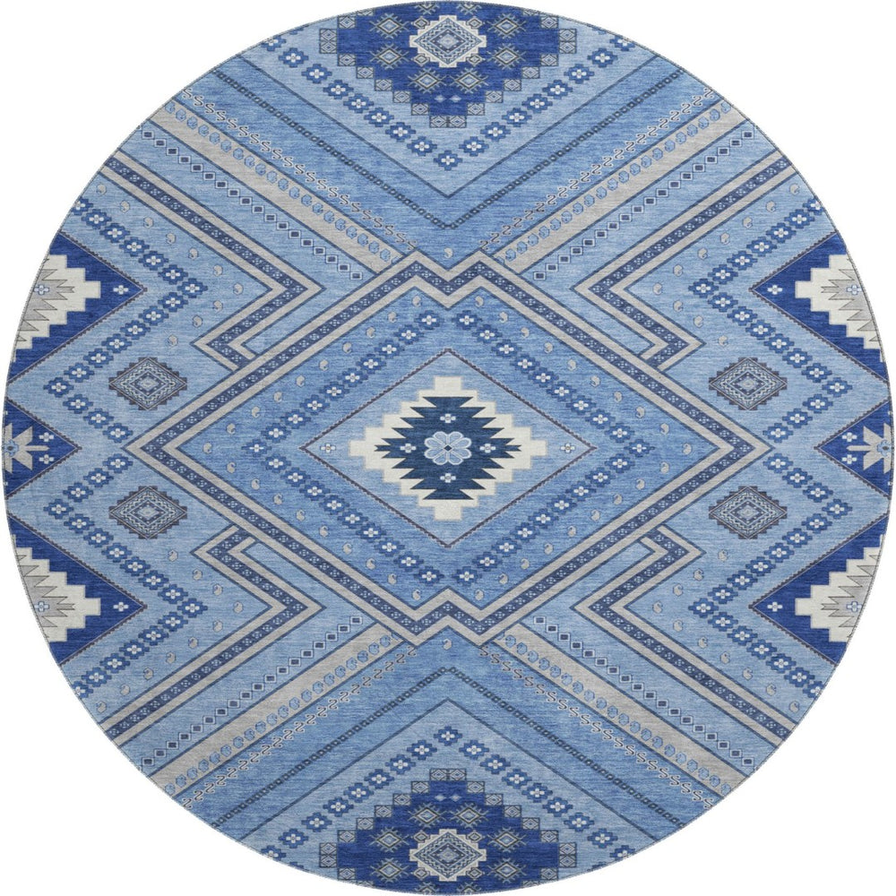 HomeRoots 8' Blue Ivory and Gray Tribal Round Rug - Washable, UV Protected, Perfect for Family Spaces & Patios 679261