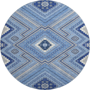 HomeRoots 8' Blue Ivory and Gray Tribal Round Rug - Washable, UV Protected, Perfect for Family Spaces & Patios 679261
