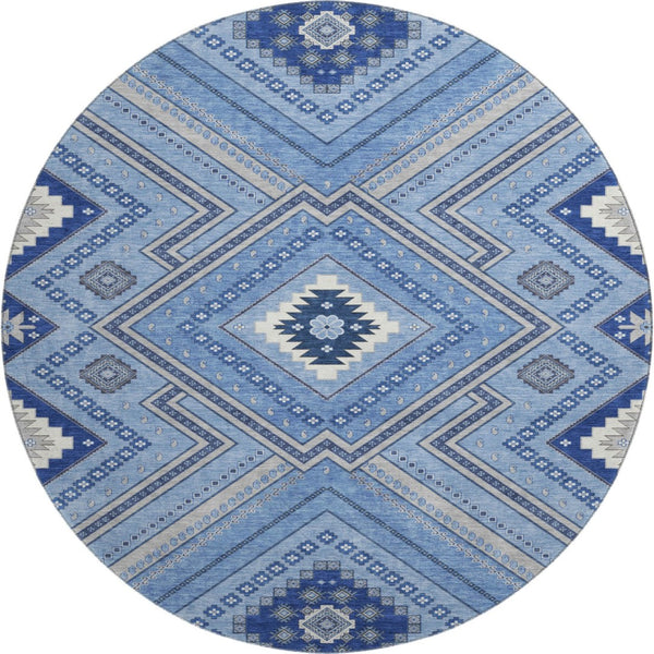 HomeRoots 8' Blue Ivory and Gray Tribal Round Rug - Washable, UV Protected, Perfect for Family Spaces & Patios 679261