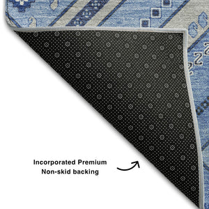 HomeRoots 8' Blue Ivory and Gray Tribal Round Rug - Washable, UV Protected, Perfect for Family Spaces & Patios 679261