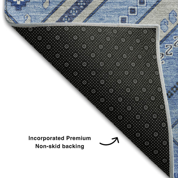HomeRoots 8' Blue Ivory and Gray Tribal Round Rug - Washable, UV Protected, Perfect for Family Spaces & Patios 679261