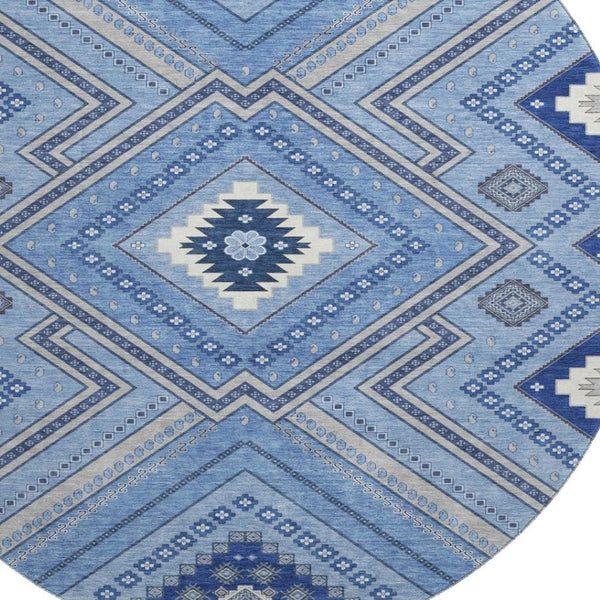 HomeRoots 8' Blue Ivory and Gray Tribal Round Rug - Washable, UV Protected, Perfect for Family Spaces & Patios 679261