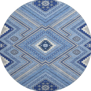 HomeRoots 8' Blue Ivory and Gray Tribal Round Rug - Washable, UV Protected, Perfect for Family Spaces & Patios 679261