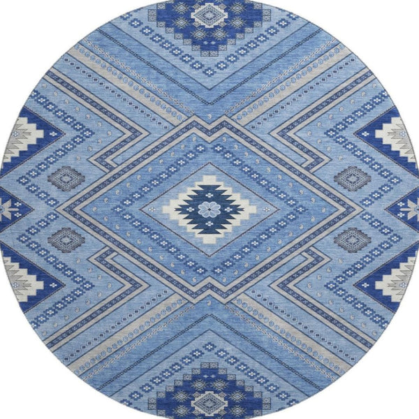 HomeRoots 8' Blue Ivory and Gray Tribal Round Rug - Washable, UV Protected, Perfect for Family Spaces & Patios 679261