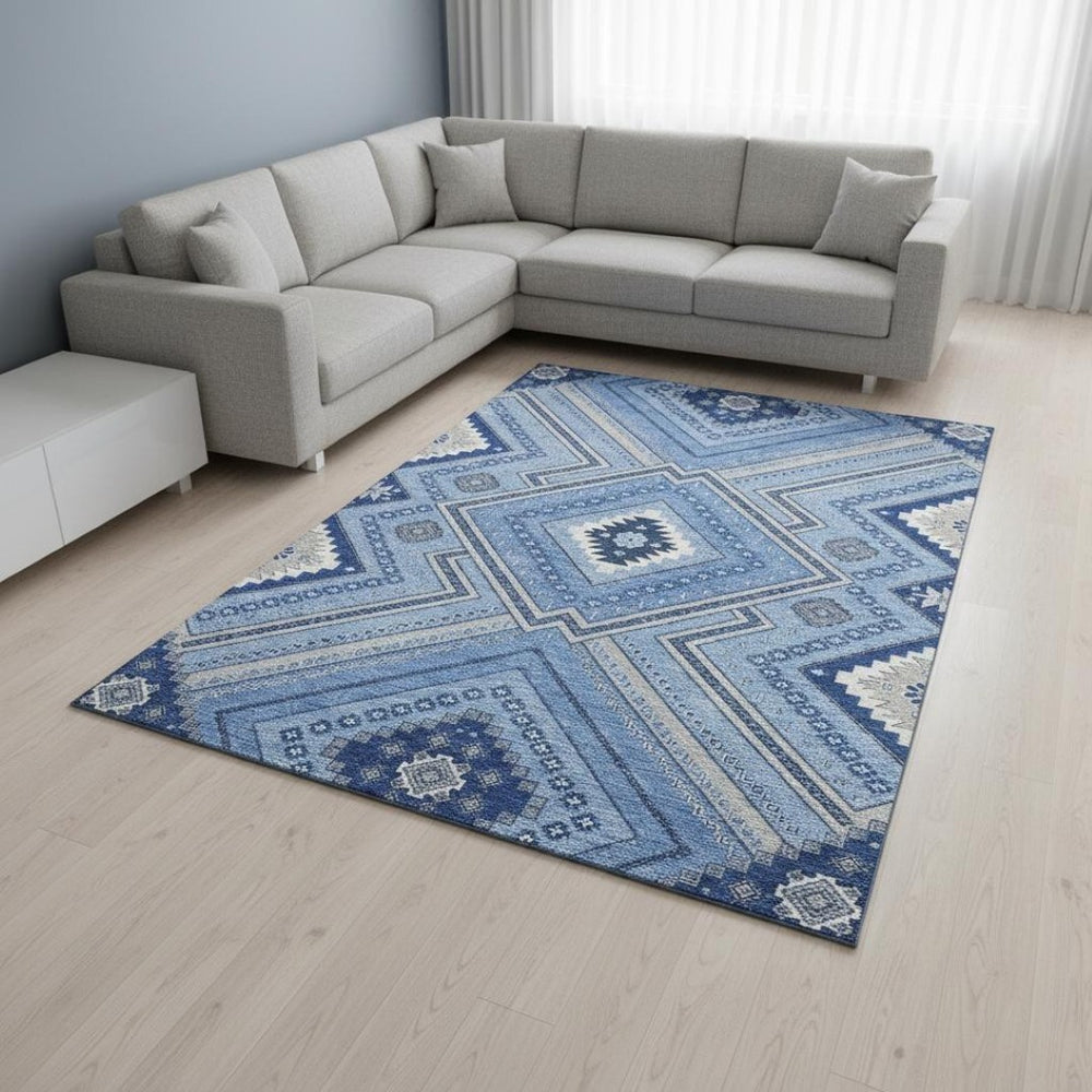 HomeRoots 8' X 10' Blue Ivory Gray Tribal Area Rug - Washable, UV-Protected, Durable for Busy Homes & Style 679262