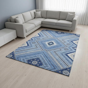 HomeRoots 8' X 10' Blue Ivory Gray Tribal Area Rug - Washable, UV-Protected, Durable for Busy Homes & Style 679262