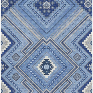 HomeRoots 8' X 10' Blue Ivory Gray Tribal Area Rug - Washable, UV-Protected, Durable for Busy Homes & Style 679262