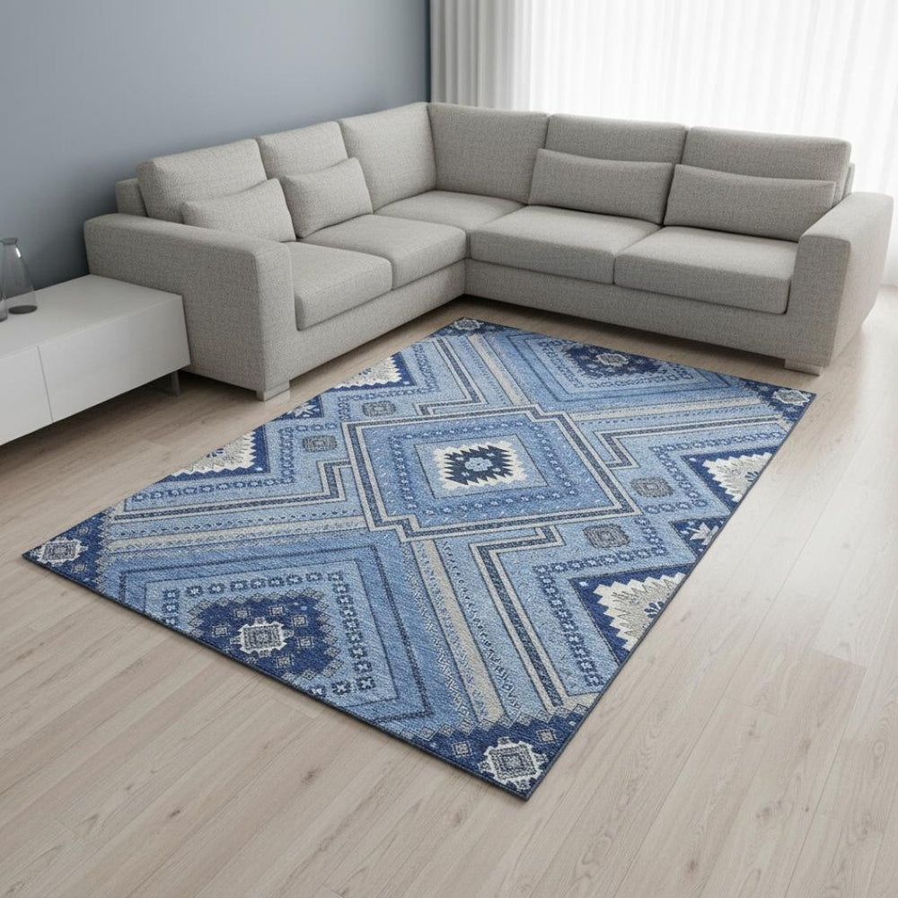 HomeRoots 9' X 12' Stylish Blue Ivory Gray Tribal Washable Area Rug with UV Protection for High-Traffic Areas 679263