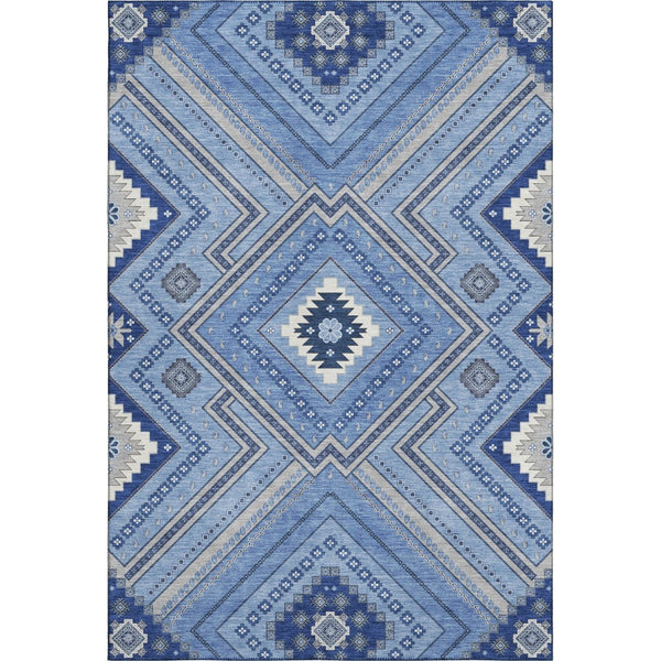 HomeRoots 9' X 12' Stylish Blue Ivory Gray Tribal Washable Area Rug with UV Protection for High-Traffic Areas 679263