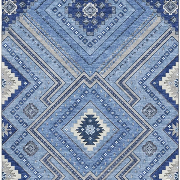 HomeRoots 9' X 12' Stylish Blue Ivory Gray Tribal Washable Area Rug with UV Protection for High-Traffic Areas 679263