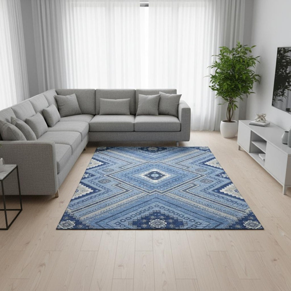 HomeRoots 10' X 14' Blue Ivory Gray Tribal Area Rug – Durable, Washable, UV Protected for High-Traffic Spaces 679264