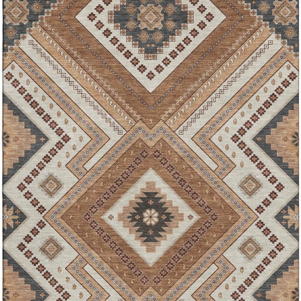 HomeRoots 5' X 8' Stylish Copper Beige & Gray Tribal Washable Area Rug with UV Protection for Homes & Pets 679266