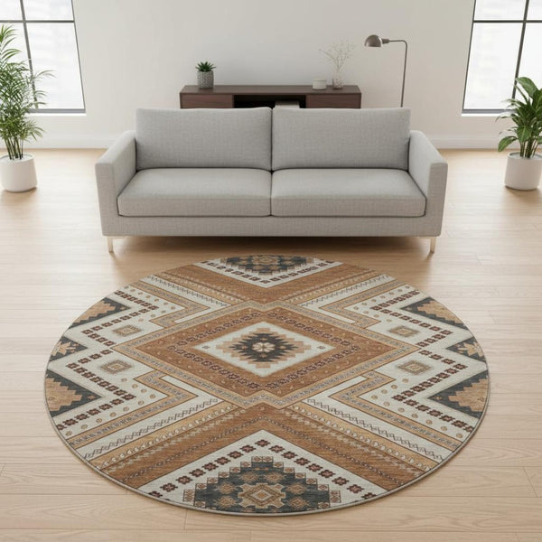 HomeRoots 8' Copper Beige and Gray Tribal Round Rug – Durable, Washable, UV-Protected for High-Traffic Areas 679267