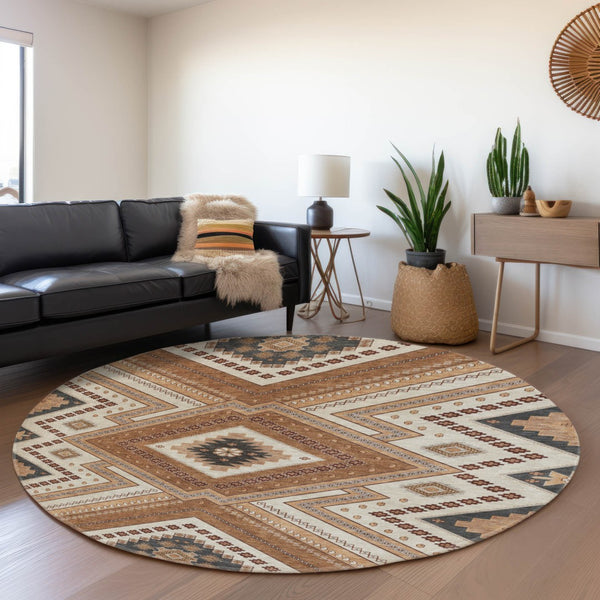 HomeRoots 8' Copper Beige and Gray Tribal Round Rug – Durable, Washable, UV-Protected for High-Traffic Areas 679267