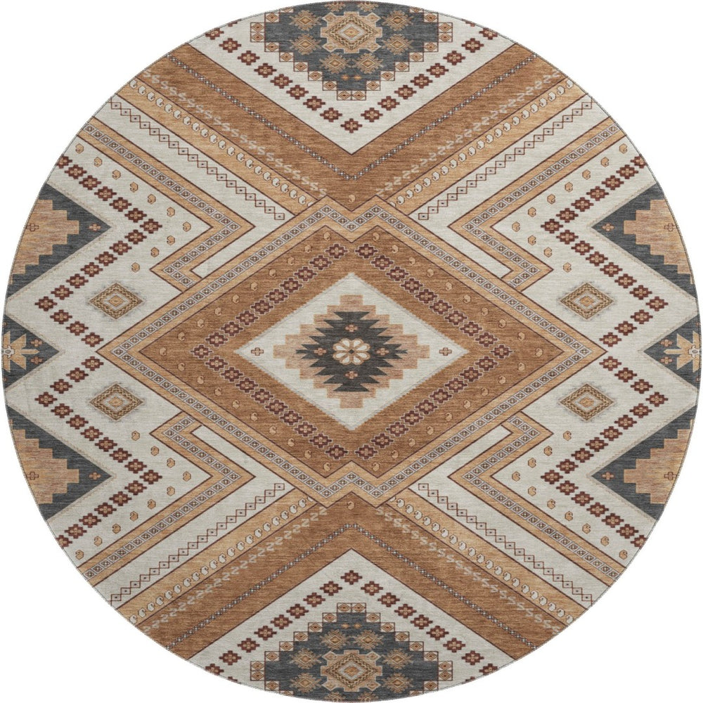 HomeRoots 8' Copper Beige and Gray Tribal Round Rug – Durable, Washable, UV-Protected for High-Traffic Areas 679267