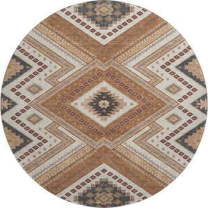 HomeRoots 8' Copper Beige and Gray Tribal Round Rug – Durable, Washable, UV-Protected for High-Traffic Areas 679267