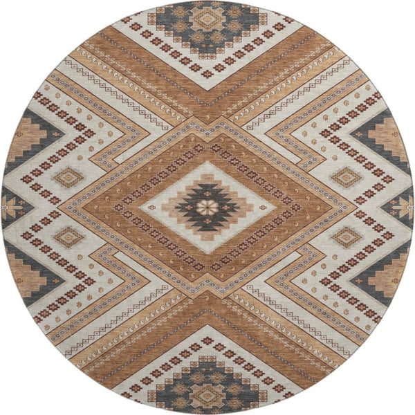 HomeRoots 8' Copper Beige and Gray Tribal Round Rug – Durable, Washable, UV-Protected for High-Traffic Areas 679267