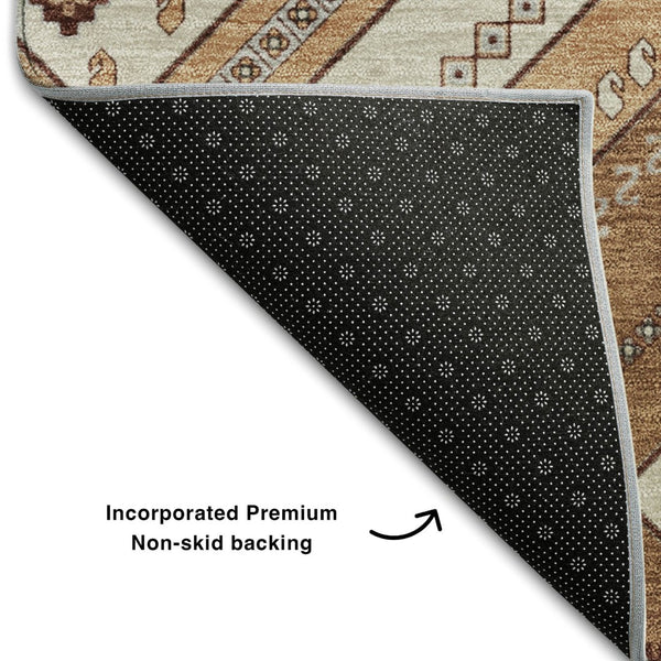HomeRoots 8' Copper Beige and Gray Tribal Round Rug – Durable, Washable, UV-Protected for High-Traffic Areas 679267