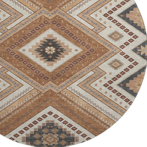 HomeRoots 8' Copper Beige and Gray Tribal Round Rug – Durable, Washable, UV-Protected for High-Traffic Areas 679267