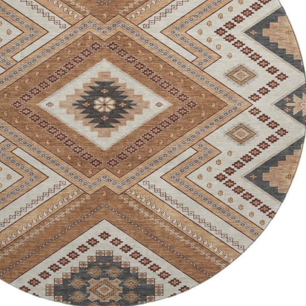 HomeRoots 8' Copper Beige and Gray Tribal Round Rug – Durable, Washable, UV-Protected for High-Traffic Areas 679267