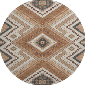 HomeRoots 8' Copper Beige and Gray Tribal Round Rug – Durable, Washable, UV-Protected for High-Traffic Areas 679267