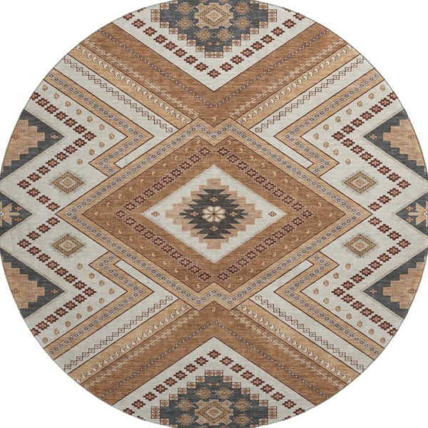 HomeRoots 8' Copper Beige and Gray Tribal Round Rug – Durable, Washable, UV-Protected for High-Traffic Areas 679267