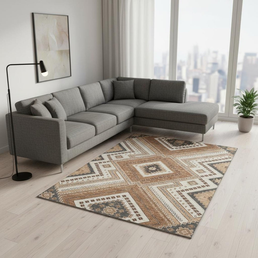 HomeRoots 8' X 10' Copper Beige & Gray Tribal Area Rug - Washable, Stain-Resistant, UV Protected for Homes 679268