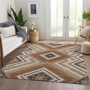 HomeRoots 8' X 10' Copper Beige & Gray Tribal Area Rug - Washable, Stain-Resistant, UV Protected for Homes 679268