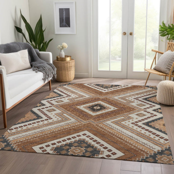 HomeRoots 8' X 10' Copper Beige & Gray Tribal Area Rug - Washable, Stain-Resistant, UV Protected for Homes 679268