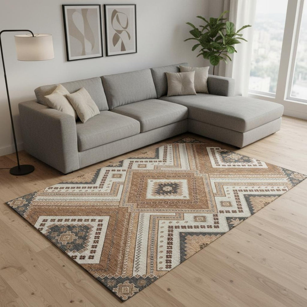 HomeRoots 9' X 12' Copper Beige and Gray Tribal Area Rug - Durable, Washable, UV Protected for High-Traffic Spaces 679269