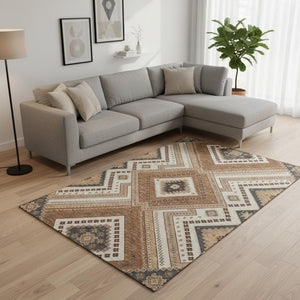 HomeRoots 10' X 14' Stylish Copper Beige & Gray Tribal Area Rug – Washable, Stain-Resistant, UV Protected! 679270