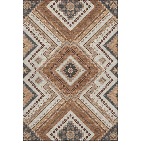 HomeRoots 10' X 14' Stylish Copper Beige & Gray Tribal Area Rug – Washable, Stain-Resistant, UV Protected! 679270